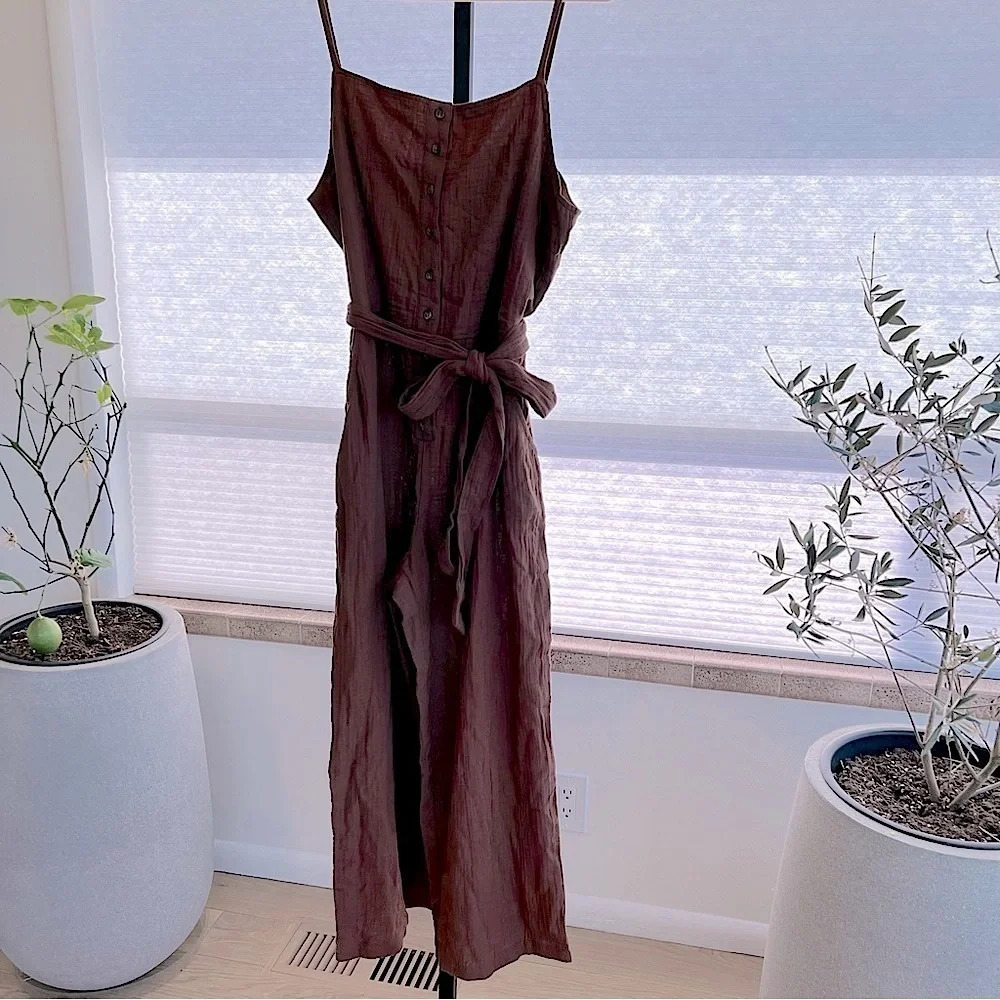 Sanctuary Square Neck Cotton Gauze Tie Waist Front Jumpsuit Hazelnut Brown Large - Picture 1 of 5
